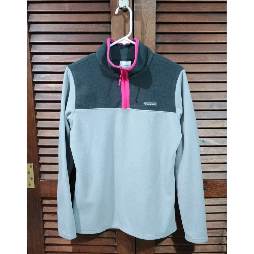 Columbia 1/4 Zipper Pullover Women's Fleece Gray Sz Medium Sweatshirt Pink Trim